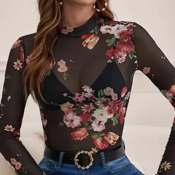 Floral mesh long sleeve top womens - Picture 6 of 8